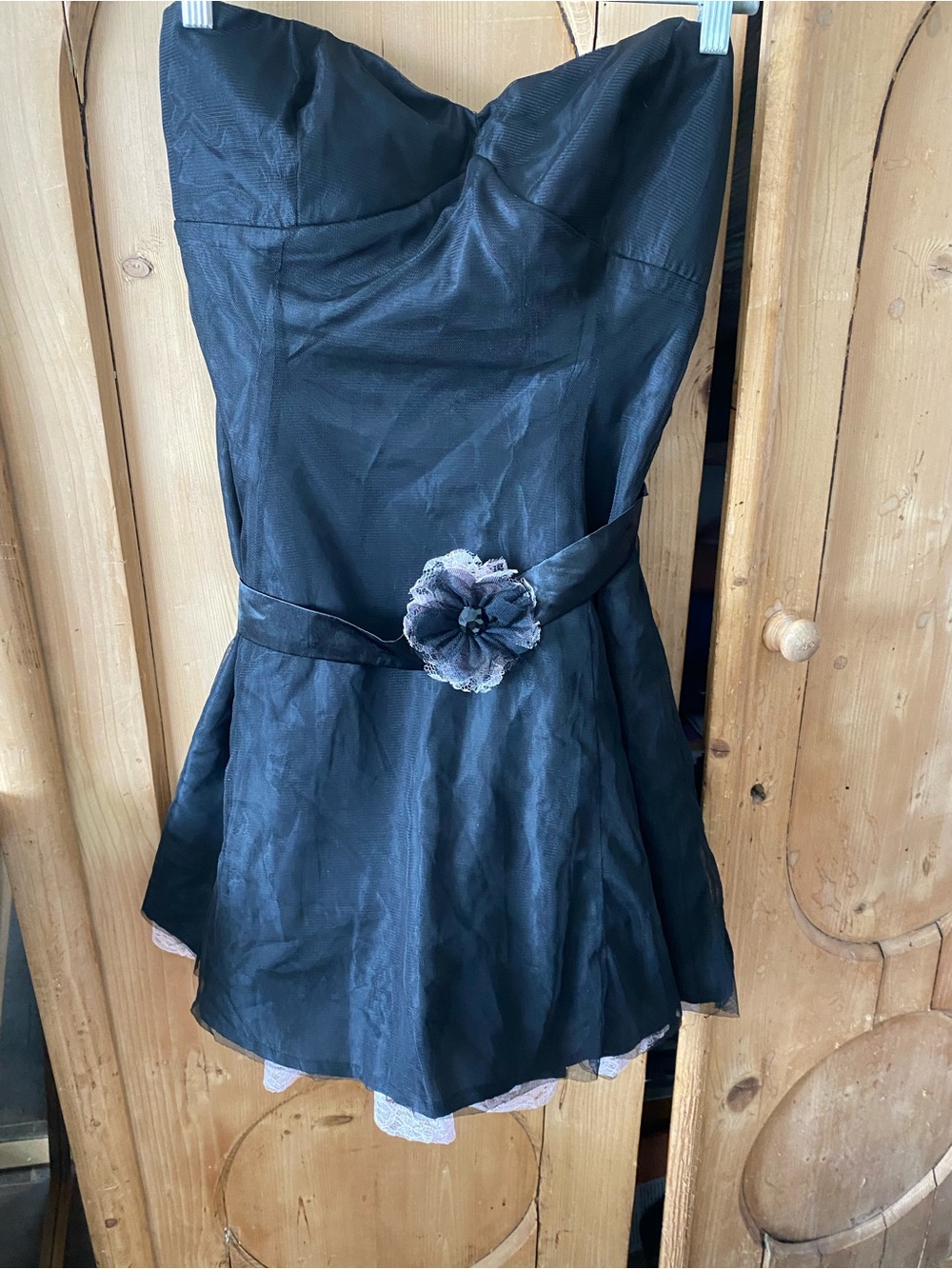 Material Girl Strapless Black Cocktail Dress with Floral Waist Accent